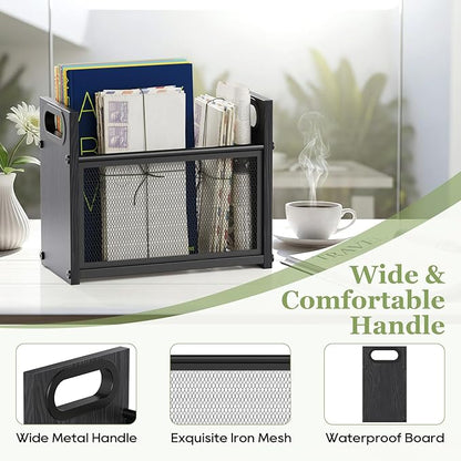 Black Magazine Holder, Wood Magazine Rack Floor, Mesh Magazine File Holder, Magazine Storage Basket, Magazine Holders for Classroom, Magazine Stand for Desk, Folder Organizer Bin for Books