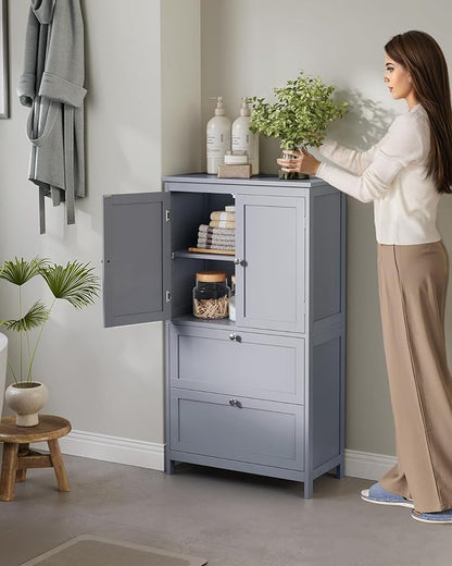 VASAGLE Floor Storage Cabinet, Freestanding Storage Unit with 2 Drawers and 2 Doors, Adjustable Shelf, 11.8 x 23.6 x 43.3 Inches, for Entryway, Bathroom, Dove Gray UBBC551G02