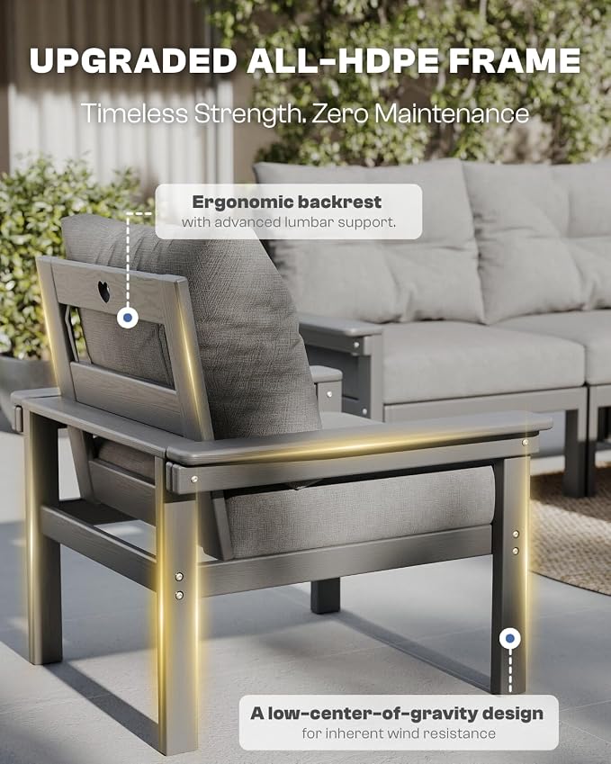 HDPE Outdoor Patio Furniture Set, 10-Piece Patio Conversation Set with 3-Seat Sofa, 4 Armchairs, 2 Side Tables & 1 Coffee Table, All-Weather Outdoor Sofa Set for Deck, Porch, Garden (Grey Frame)