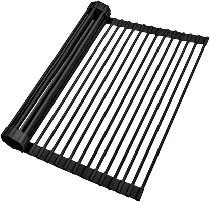 Ohuhu Over The Sink Dish Drainer Drying Rack, 17.6" W x 15.4" L Roll Up Dish Racks Kitchen Sink Organizer Silicone Wrapped Large in Sink Dish Drying Rack Foldable Rolling Drain Mats Anti-Slip