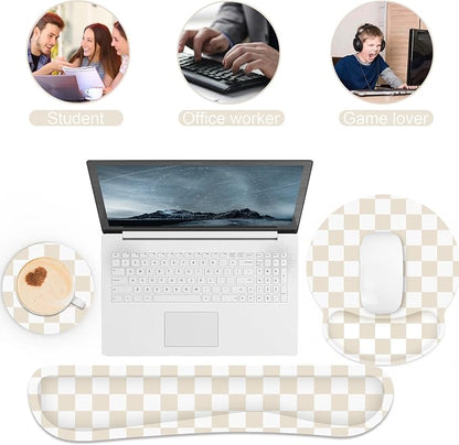 Ergonomic Mouse Pad with Wrist Rest and Keyboard Wrist Rest, Mousepad and Keyboard Pad, Non-Slip Rubber Base, Pain Relief, Mouse Pad with Wrist Support for Gaming, Computer, Office, Beige Checkered