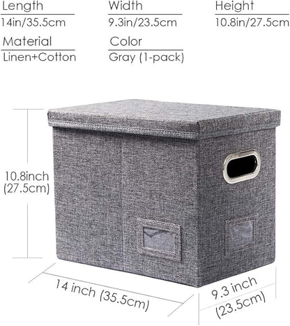 PRANDOM File Organizer Box - Set of 1 Collapsible Decorative Linen Filing Storage Hanging File Folders with Lids Office Cabinet Letter Size Grey (14x9.3x10.8 inch)