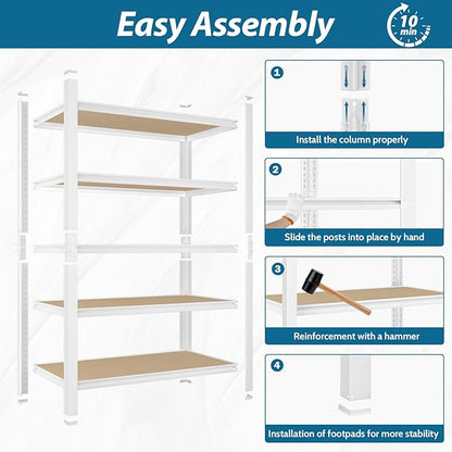 PrimeZone 28" W x 12" D x 59" H Closet Storage Shelves - 5 Tier White Metal Connector Shelving, Adjustable Heavy Duty Garage Shelves, Utility Rack Organizer Shelf for Kitchen Pantry Closet, 3 PCS