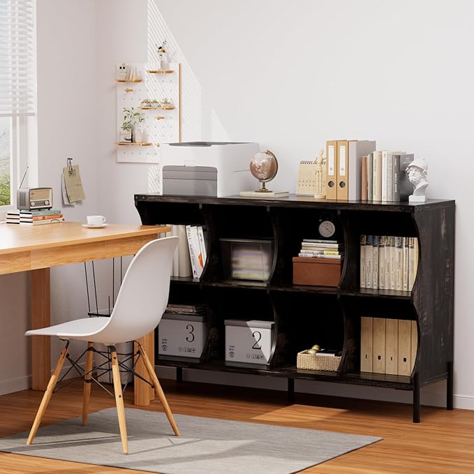 8 Cube Book Shelf, Low and Short Bookshelf, Long Cube Storage Organizer Wood TV Stand, Toy Organization DVD Cabinets for Living Room, Office, Bedroom, Dorm, Dark Brown with Dark Brown Top