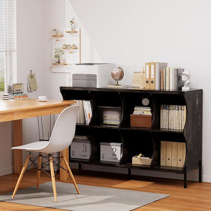 8 Cube Book Shelf, Low and Short Bookshelf, Long Cube Storage Organizer Wood TV Stand, Toy Organization DVD Cabinets for Living Room, Office, Bedroom, Dorm, Dark Brown with Dark Brown Top