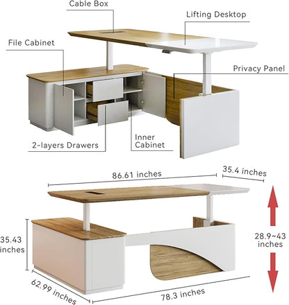SAINTCY 86" L Shaped Standing Executive Desk with Drawers and Shelves,White Electric Adjustable Height Desk with Charging Station and Privacy Panel for Home and Office, Light Walnut