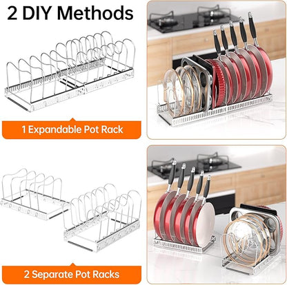 MUDEELA Pot Rack - Expandable Pots and Pans Organizer under Cabinet, Pot Lid Organizer Holder with 12 Adjustable Compartment, Kitchen Cabinet Organizer and Storage for Cutting Board, Skillets Pan