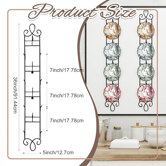 Blulu 2 Pcs Wall Mounted Tea Cup & Saucer Display Rack, 4-tier Metal Mug Holder with Plate Hangers, Decorative Wall Storage for Kitchen, Gift&Coffee Bar Display, 36'' x 5'' (Black)