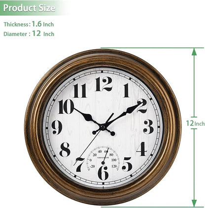 45MinST 12 Inch Indoor/Outdoor Retro Round Waterproof Wall Clock with Thermometer, Silent Non-Ticking Battery Operated Quality Quartz Wall Clock Home/Patio Decor(Bronze)