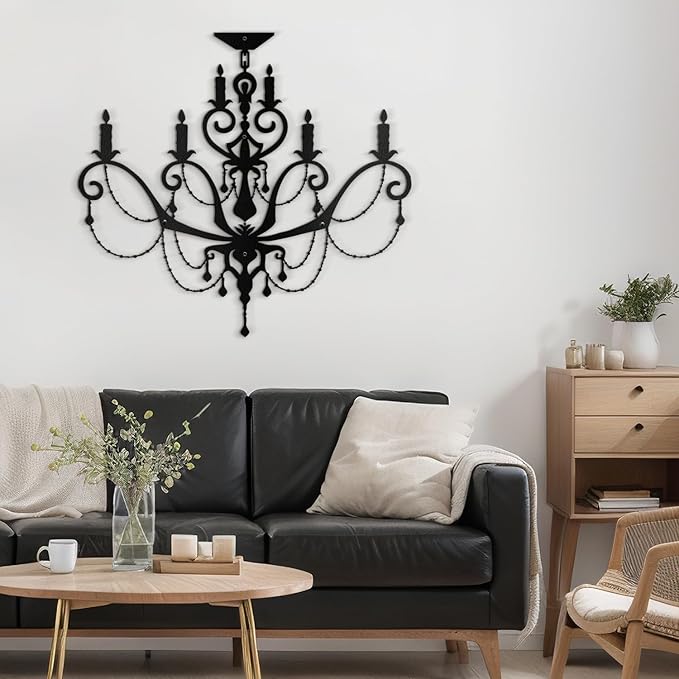 SIGNLEADER Metal Wall Decor Chandelier with Ornate Candle Motif Minimalist Modern Abstract Wall Sculpture Hangings Home Decoration for Living Room, Bedroom, Bathroom, Kitchen, Outdoor - 36" Black