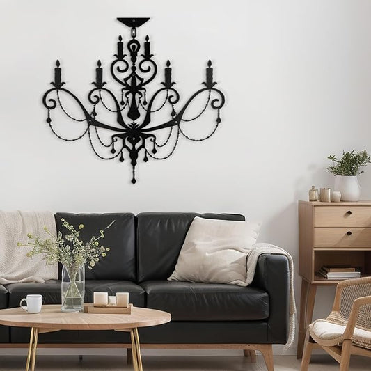 SIGNLEADER Metal Wall Decor Chandelier with Ornate Candle Motif Minimalist Modern Abstract Wall Sculpture Hangings Home Decoration for Living Room, Bedroom, Bathroom, Kitchen, Outdoor - 36" Black