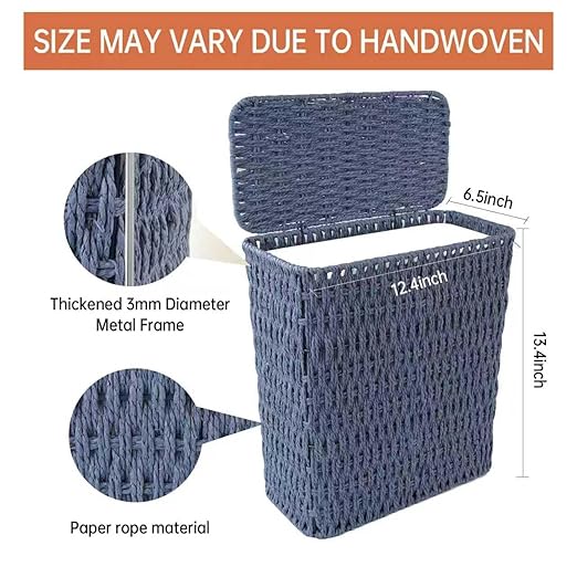 3 Gallon Paper Rope Bathroom Trash Can,Small Wicker Trash Cans with Lid and Liner,Woven Rattan Narrow Waste Basket for Bedroom,Office,Blue