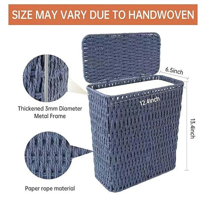 3 Gallon Paper Rope Bathroom Trash Can,Small Wicker Trash Cans with Lid and Liner,Woven Rattan Narrow Waste Basket for Bedroom,Office,Blue
