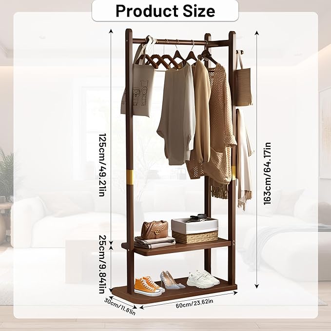 Freestanding Coat Rack with 2 Storage Shelves and 5 Hooks, Heavy Duty Wood Garment Rack for Bedroom, Hallway, Entryway (23.6x11.4x64.7 in)