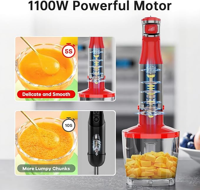 Turelar Immersion Blender Handheld Corded Hand Blenders Set 1100W, Trigger Variable Speed 5 in 1 Stick Emulsifier with Chopper, Whisk and Frother for Soup, Baby Food and Smoothies, Christmas red