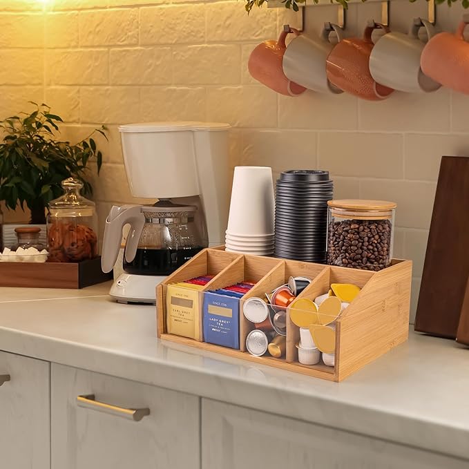Bamboo Coffee Station Organizer for Countertop, Coffee Bar Accessories Organizer with 5 Compartments for Tea Bags Condiment, Pods, Creamer, Syrup, Cups
