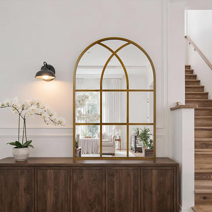 Arched Window pane Wall Mirror 24"x36", Window Shaped Farmhouse Style with Aluminum Frame, Decorative Wall Mirror Leaning Hanging for Living Room, Courtyard, Bedroom, Entryway, Bronze
