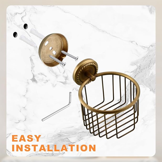 Vintage Toilet Paper Holder Wall Mounted Bathroom Roll Tissue Wire Basket, Antique Brass