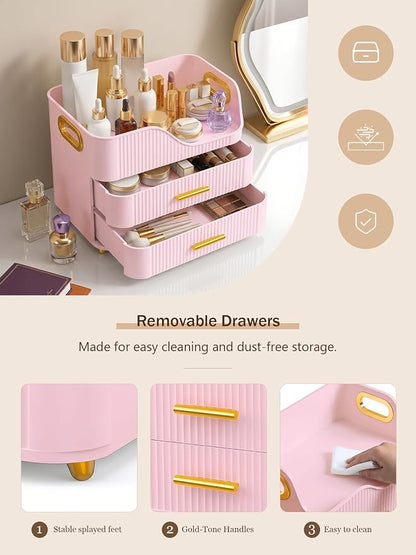 Booklov Countertop Makeup Organizer with Drawers, 3 Tier Large Cosmetic Storage Caddy for Vanity, Bathroom Counter, Dresser, Skincare Display Case for Lipsticks, Beauty Palettes, Teen Girl Gifts, Pink