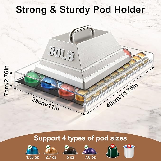 Coffee Pod Storage Drawer for Nespresso Vertuo, 40 Pods Holder Compatible with Espresso 1.35oz, Double Espresso 2.7oz, Gran Lungo 5.07oz, Mug Coffee 7.77oz, Coffee Capsule Organizer-15.2''x11''x2.8''
