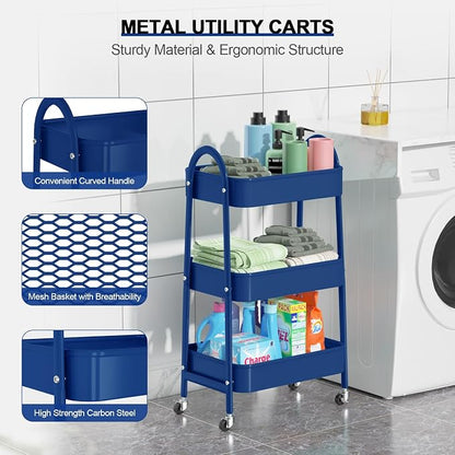 EAGMAK 3 Tier Utility Rolling Cart, Metal Storage Cart with Handle and Lockable Wheels, Multifunctional Storage Organizer Trolley with Mesh Baskets for Kitchen, Living Room, Office, Garage (Indigo)