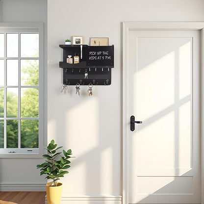 Key Holder for Wall Mount with Shelf and Mail Organizer, Key and Mail Holder with 16 Hooks, Farmhouse Entryway Organizer, Home Decor Rack (Pine Wood, Black)
