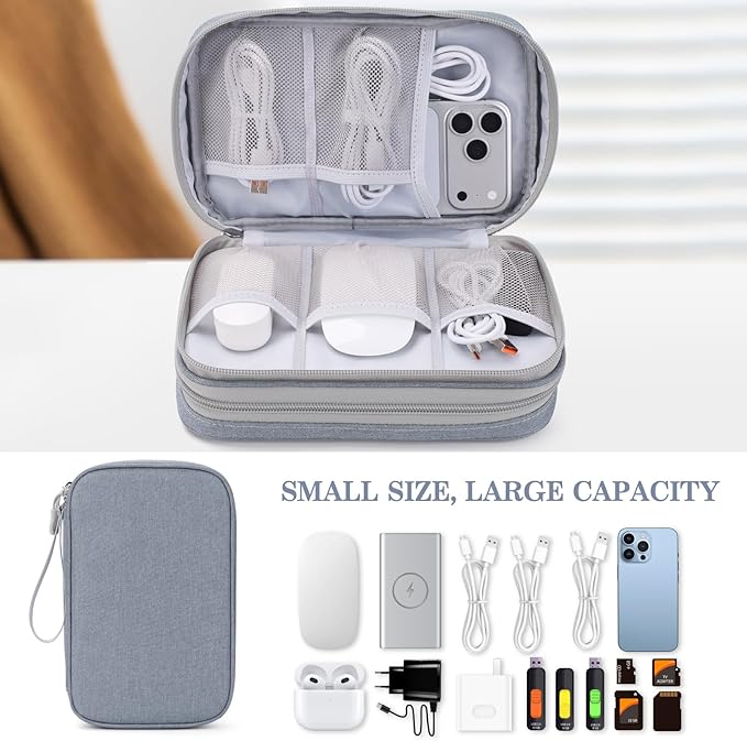 FYY Electronic Organizer, Large Travel Cable Organizer Bag Pouch Electronic Accessories Carry Case Portable Waterproof Double Layers All-in-One Storage Bag for Cable, Cord, Charger, Light Grey