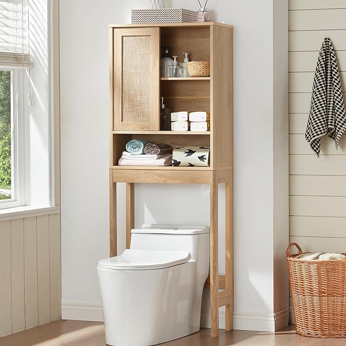 LEYAOYAO Over The Toilet Storage Cabinet with Rattan Sliding Door, 68" Tall Wood Above Toilet Bathroom Organizer w/Adjustable Shelf & Curved Profile, Space Saver Freestanding Washer Shelf, Natural