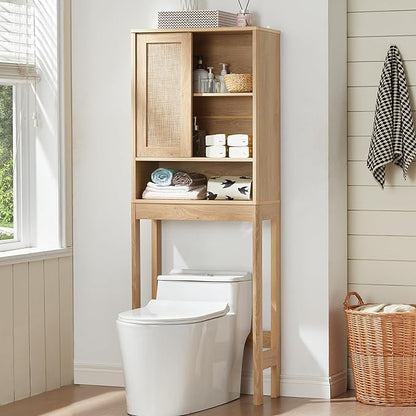 LEYAOYAO Over The Toilet Storage Cabinet with Rattan Sliding Door, 68" Tall Wood Above Toilet Bathroom Organizer w/Adjustable Shelf & Curved Profile, Space Saver Freestanding Washer Shelf, Natural