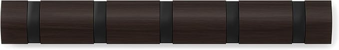 Umbra Flip Wall-Mounted Coat Rack with 5 Hooks – Modern, Space-Saving Storage for Hats, Jackets, Bags, Entryway, Mudroom, Closet, Bathroom, Bedroom – Black/Walnut
