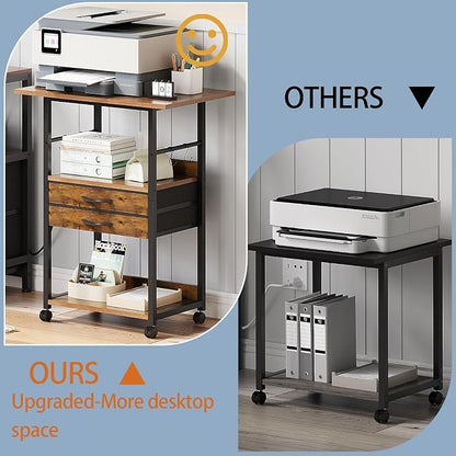 VENNQD Large Printer Stand with Storage Fabric Drawer Under Desk Printer Table with Wheels for Home Office, Printer Cart fit Fax Machine Scanner (Rustic Brown, 3 Tiers)