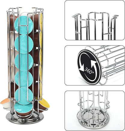 Rotating Coffee Pod Holder for Dolce Gusto Capsules,360° Spinning Coffee Capsule Carousel,48 Pod Capacity Metal Wire Storage Rack,Countertop Coffee Organizer Stand for Kitchen & Office (Silver)