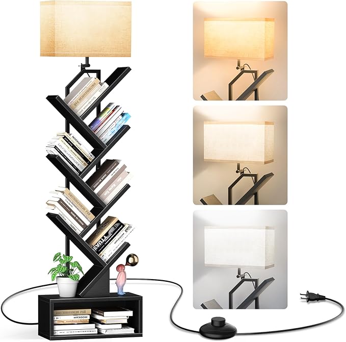 addlon 6-Tier Tree Book Shelf with LED Light, Steel&Wood Bookshelf with Storage Cabinet, Narrow Tall Bookcase with 3CCT Bulb, Small Bookshelf for Bedroom, Home Office&Living Room-Black Oak
