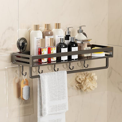 Shower Caddy Suction Cup,15.7 inch Suction Shower Shelf with Hooks NO-Drilling Bathroom Holder, Rustproof Bathroom Organizer, Dark Grey