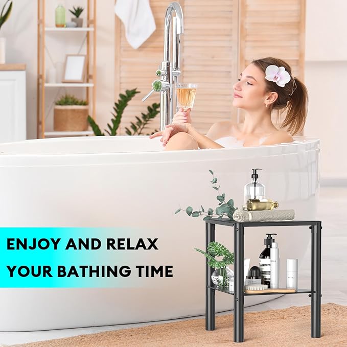 Shower Stool for Shaving Legs, Shower Step Stool for Inside Shower, Non-Slip Spa Shower Foot Rest Stool, Corner Bathroom Shower Bench Bath Seat with Storage Shelf for Small Shower Spaces