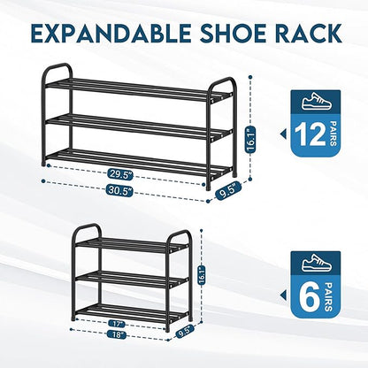 LOFTEY 3 Tier Expandable Shoe Rack for Closet, 18"-30.5" Length Adjustable Shoe Rack, Compact Metal Shoe Shelf for Entryway, Dorm, Front Door, Garage, Black