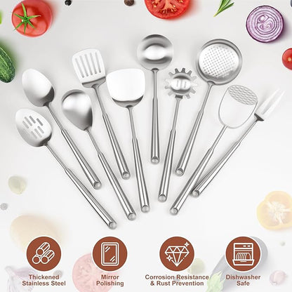 18 10 Stainless Steel Cooking Utensils Set, 10pcs Long Metal Kitchen Utensils Set Come with Spoon, Fork, Spatula, Ladle, Skimmer, Turner, Pasta Server(13-14inch)