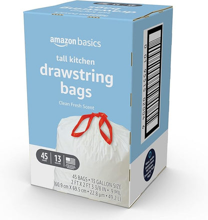Amazon Basics Tall Kitchen Drawstring Trash Bags, Clean Fresh Scent, 13 Gallon, 45 Count (Previously Solimo)