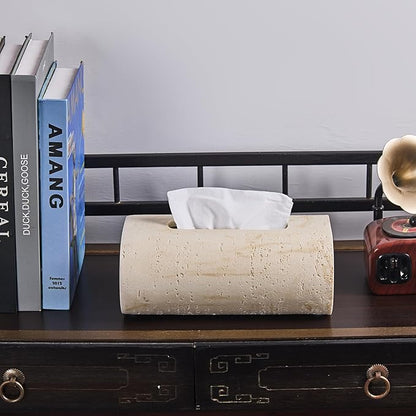 Natural Travertine Textures Tissue Box Holder Rectangle, Resin Facial Tissue Holder Cover, Decorative Bulk Tissue Paper Dispenser for Bathroom Kitchen Bedroom Living Room Office (Beige)