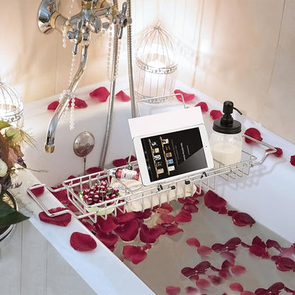 HOMEE Stainless Steel Shower Caddy Tray with Removable Book Holder, European Style Extendable Rectangular Bathroom Tray for Shower Bath Phone IPad Book Holder Candleholder Table Shelf - Silver