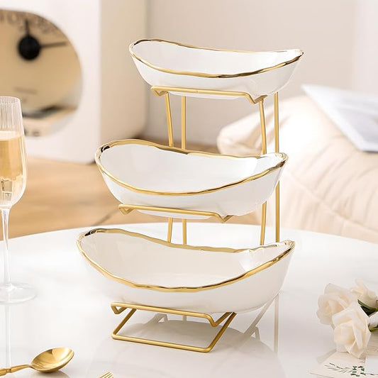 MEIGLQEA Gold Silver Fruit Bowl with Metal Stand, 3 Tier Ceramic White Fruit Bowl Fruit Rack for Kitchen Counter, Tiered Fruit Basket for Snacks Bread Candy Storage (White A (Smooth Surface))