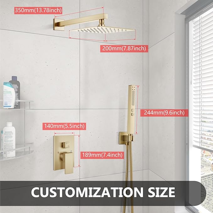 Shower Faucet Set Rainfall Shower System with Square Showerhead and Handle Set Fixture with 2 in 1 Function Handheld Sprayer Wall Mounted Trim Repair Kit Rough-in Valve 8 Inch Brushed Gold