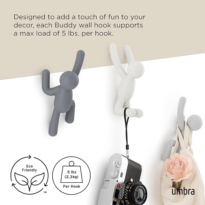 Umbra Buddy Wall Hooks – Decorative Wall Mounted Coat Hooks for Hanging Coats, Scarves, Bags, Purses, Backpacks, Towels and More, Set of 3, Grey