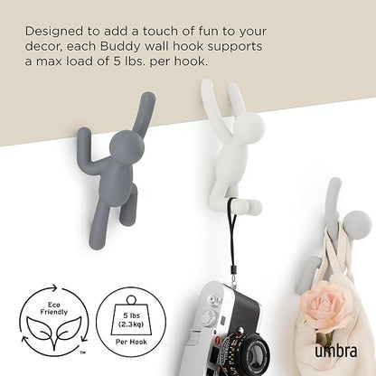 Umbra Buddy Wall Hooks – Decorative Wall Mounted Coat Hooks for Hanging Coats, Scarves, Bags, Purses, Backpacks, Towels and More, Set of 3, Grey