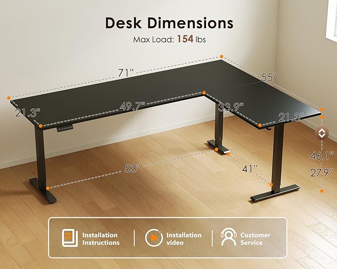OffiGo 71 Inch Reversible L Shaped Electric Standing Desk, Height Adjustable Corner Stand up Desk, Ergonomic Large Lift Computer Table for Home, Office, Workstation, Black