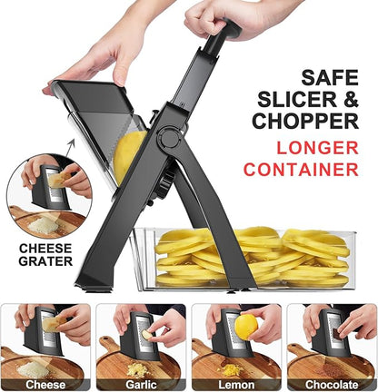 SupMaKin Upgrade Larger Safe Mandoline Slicer with Cheese Grater Potato Slicer for Chips, Vegetable Slicer,Thickness Adjustable 0.1-8 mm, Drain baskets and containers (Only Slicer) Black