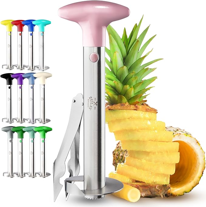 Zulay Kitchen Pineapple Corer and Slicer Tool – Stainless Steel Pineapple Cutter with Eye Remover Tool – Ergonomic Handle & Easy Core Remover – Reinforced Heavy-Duty Blade – Pink