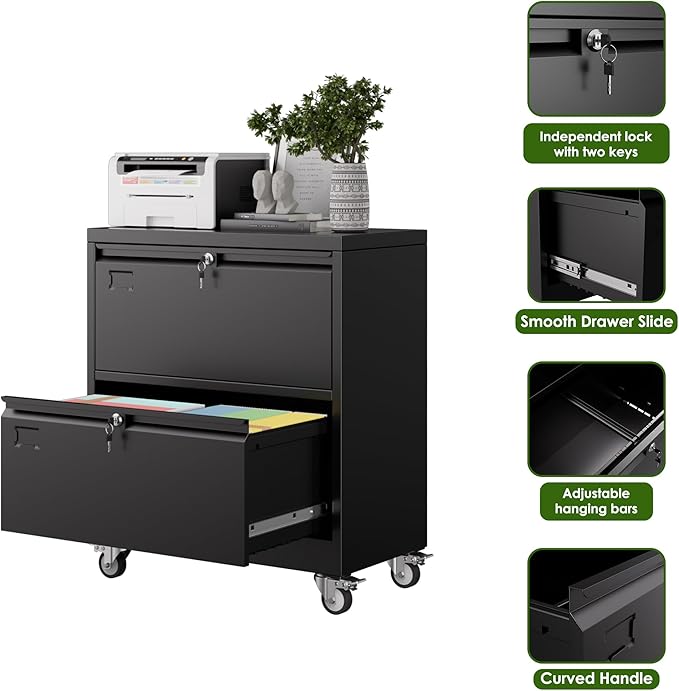 Aobabo 2 Drawer Lateral File Cabinet with Wheels, Lockable Metal Filing Cabinet for Home Office, Legal/Letter Size,Black,Required Assembled,15.87" D x 28.94" W x 34" H