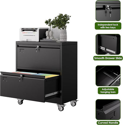 Aobabo 2 Drawer Lateral File Cabinet with Wheels, Lockable Metal Filing Cabinet for Home Office, Legal/Letter Size,Black,Required Assembled,15.87" D x 28.94" W x 34" H