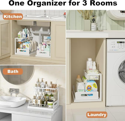 REALINN Under Sink Organizer, Pull Out Cabinet Organizer 2 Tier Slide Out Sink Shelf Cabinet Storage Shelves, Under Sink Storage for Kitchen Bathroom Cabinet, White, 1 Pack